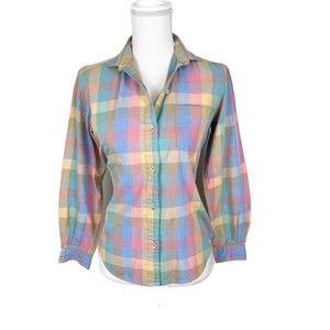Vintage John Henry Button Down Shirt Women 8 Rainbow Plaid Long Sleeve Casual
